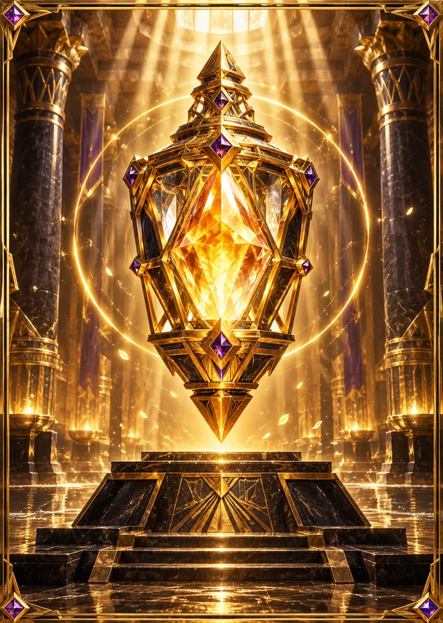 Temple relic: a ceremonial artifact wrapped in a golden aura